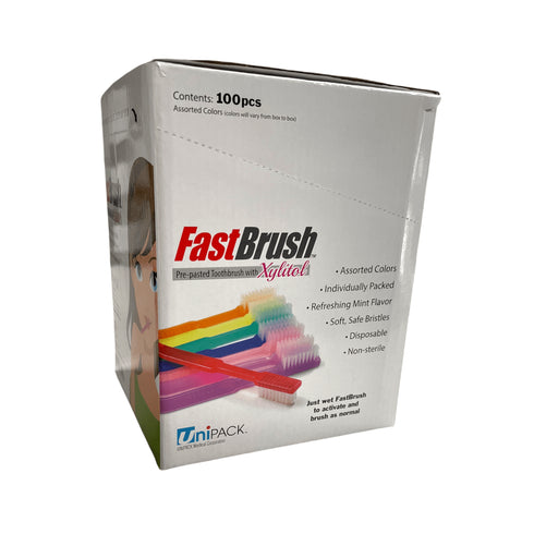 ERAFINE 100pcs Toothbrushes Single-use FastBrush Pre-Pasted Toothbrush in Dispenser Box Individual Wrapped Xylitol Mint